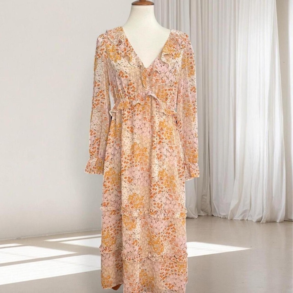 June & Hudson Womens Small Orange Pink Floral Ruffle Tiered Chiffon Maxi Dress